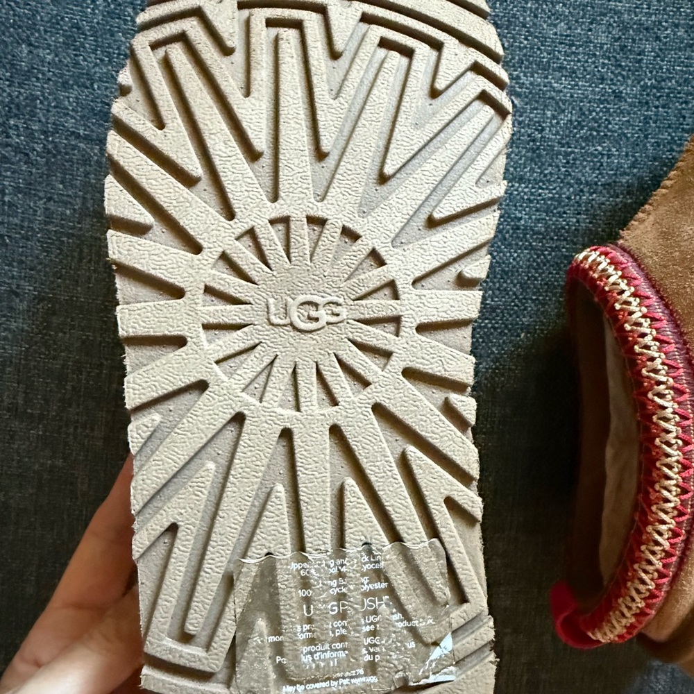 UGG Tan Suede Slippers with Red and Gold Accents - Picture 4 of 11